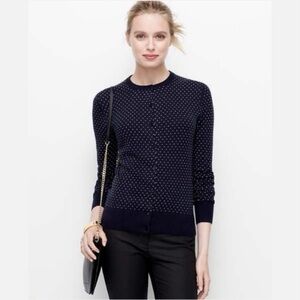 Ann Taylor Navy Polka Dot Cardigan Sweater Size XL Classy Parisian Old Money
